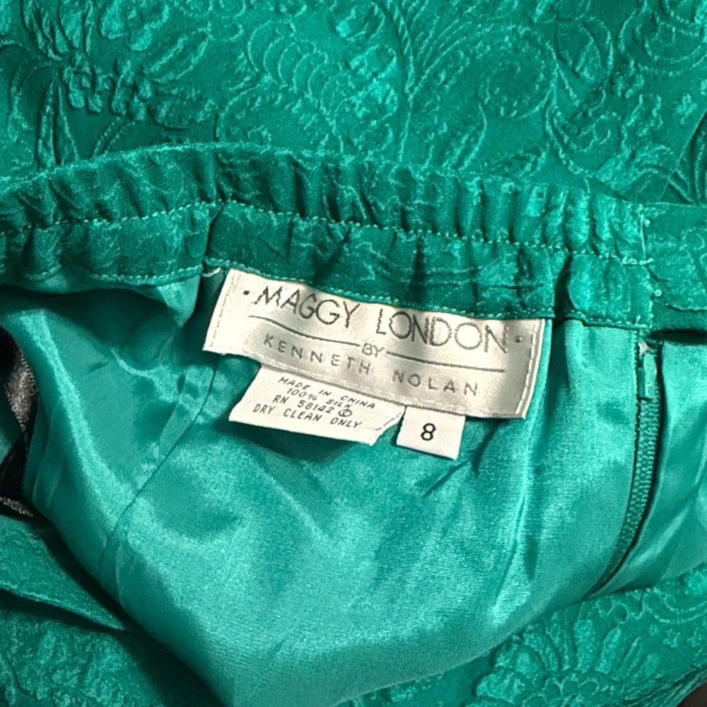 Vintage Maggy London Teal 100% Silk Brocade 2Pc Skirt Suit Set Blazer Deadstock